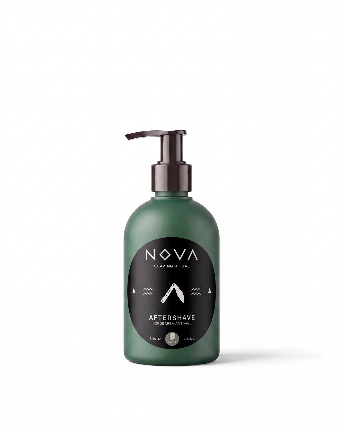 A matte dark green pump bottle of NOVA Aftershave with a black label and dark metallic pump, centered on a white background.