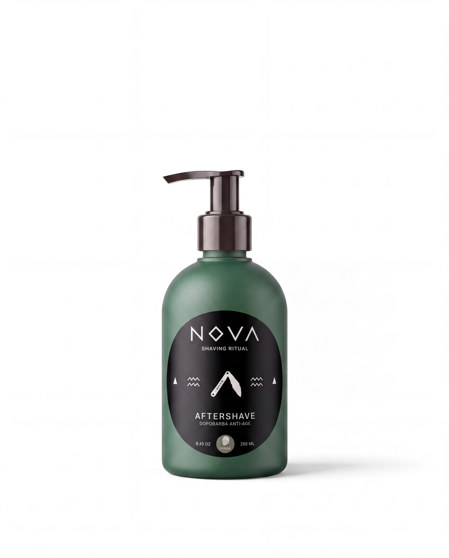 A matte dark green pump bottle of NOVA Aftershave with a black label and dark metallic pump, centered on a white background.