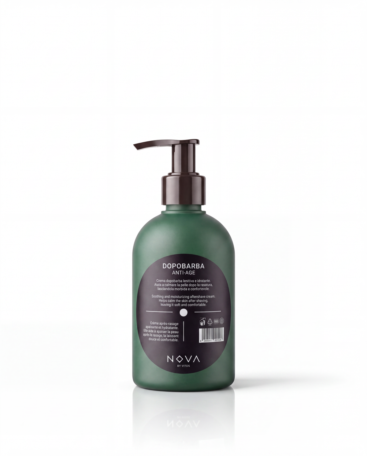 A dark green pump bottle of NOVA Cosmetics Doporbarba Anti Age cream, shown from the back against a clean white background with a soft reflection.